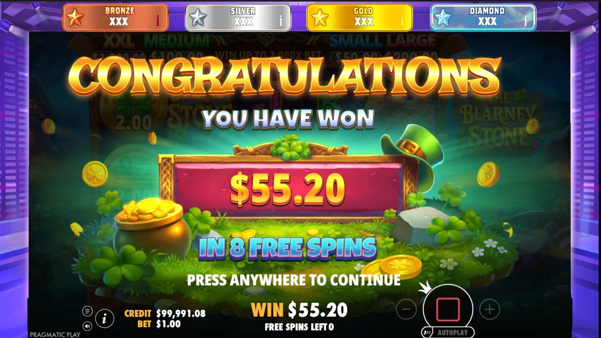 The Blarney Stone slot machine interface featuring leprechauns and gold coins